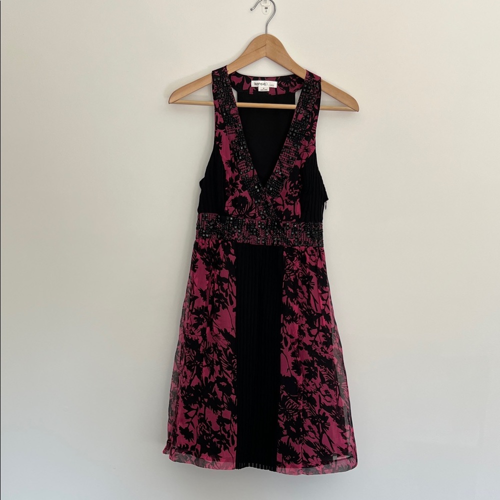kensie black and pink floral silk cocktail dress, size 4